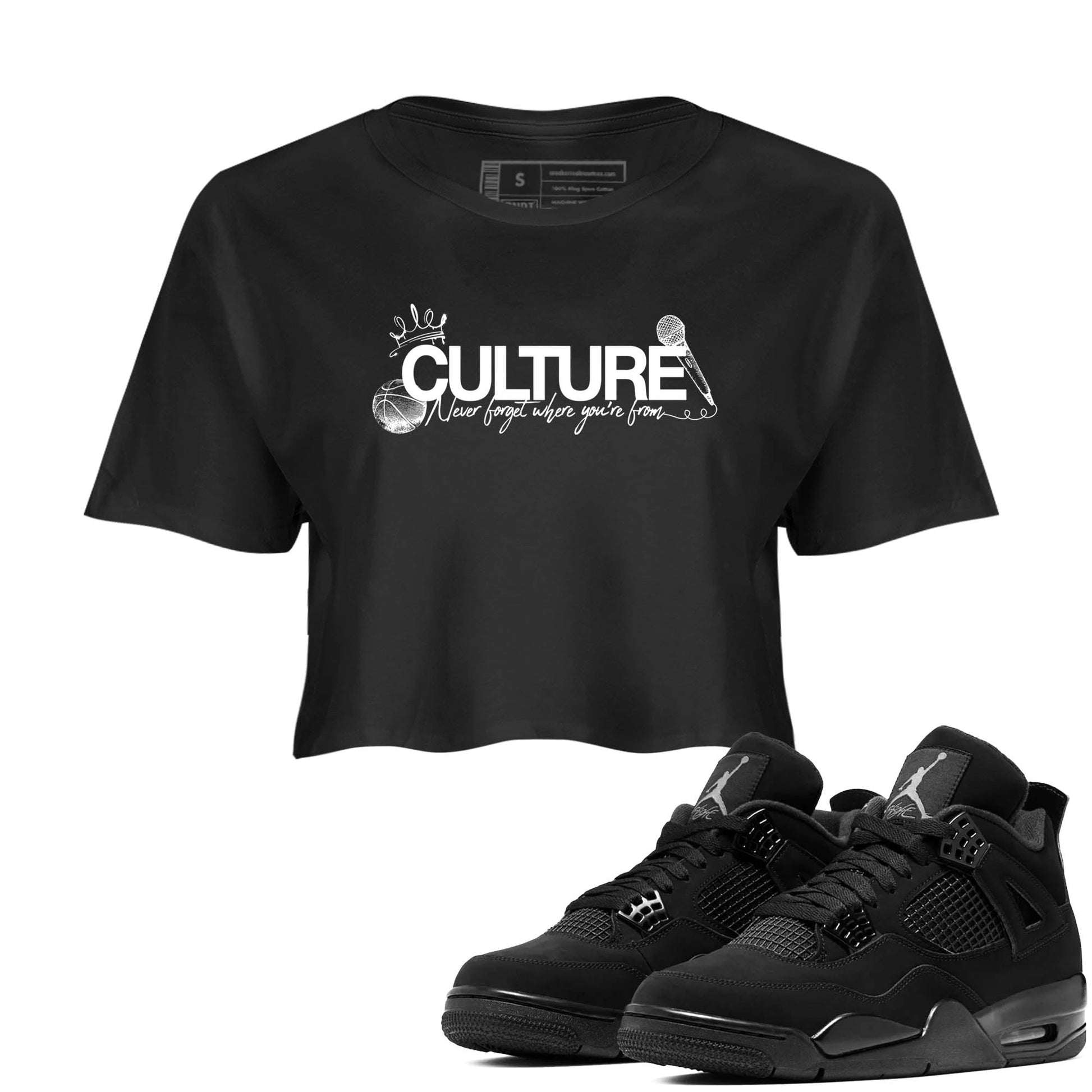 Best Sneakerfit graphic tee – Sneaker Tees To Match Air Jordan 4 Retro Black Cat Sneakers – Culture Crop T-Shirt Black 1