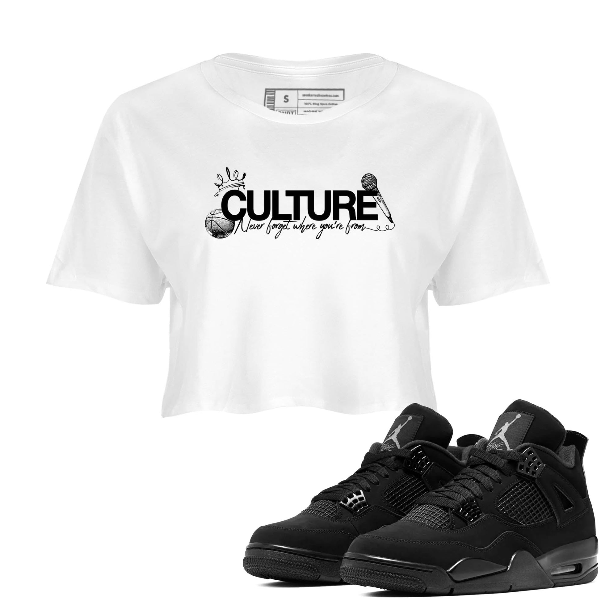 Best Sneakerfit graphic tee – Sneaker Tees To Match Air Jordan 4 Retro Black Cat Sneakers – Culture Crop T-Shirt White 1
