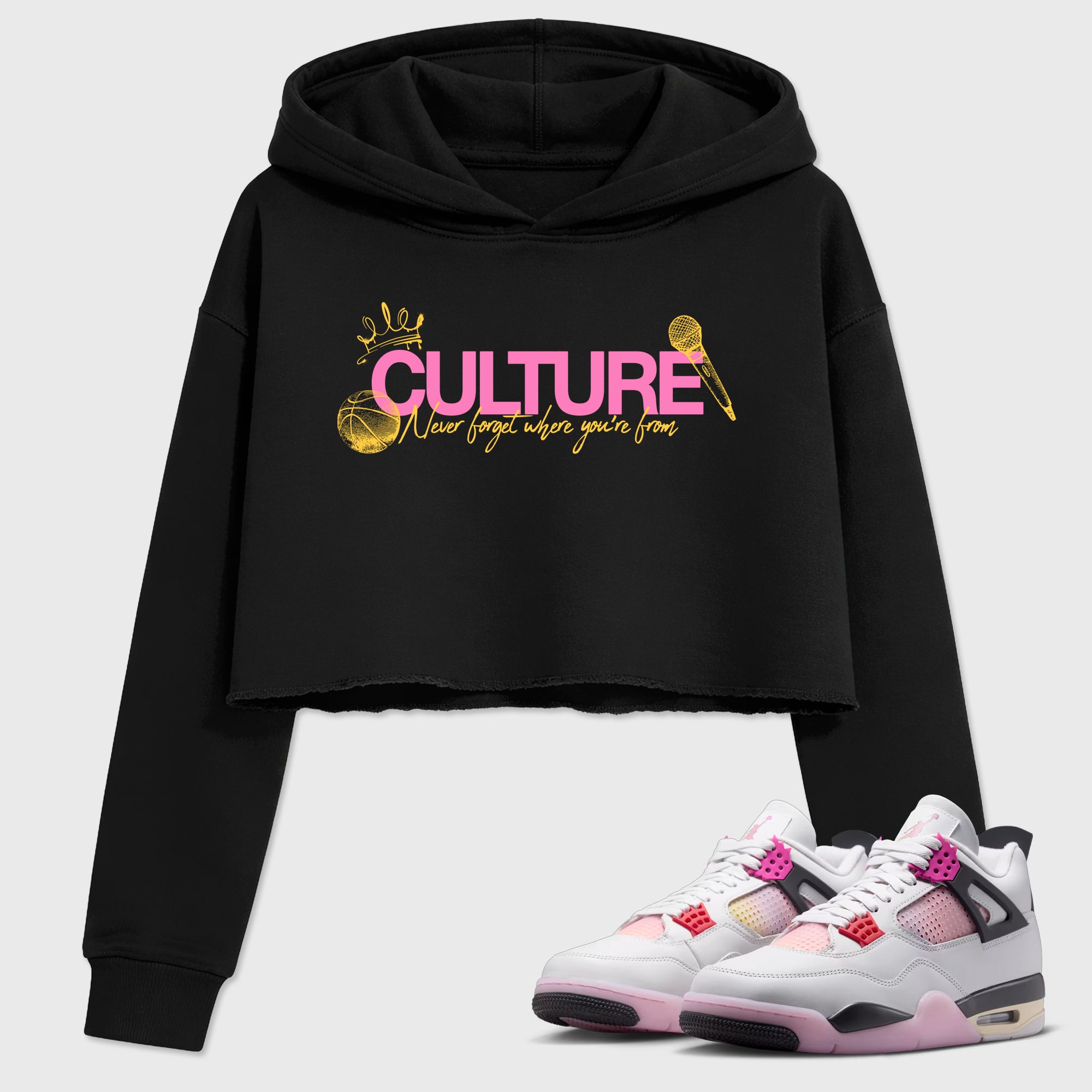 Culture Women’s Graphic Crop Tee featuring original streetwear artwork designed to match the Air Jordan 4 Comic. Black 1 Crop Tee.