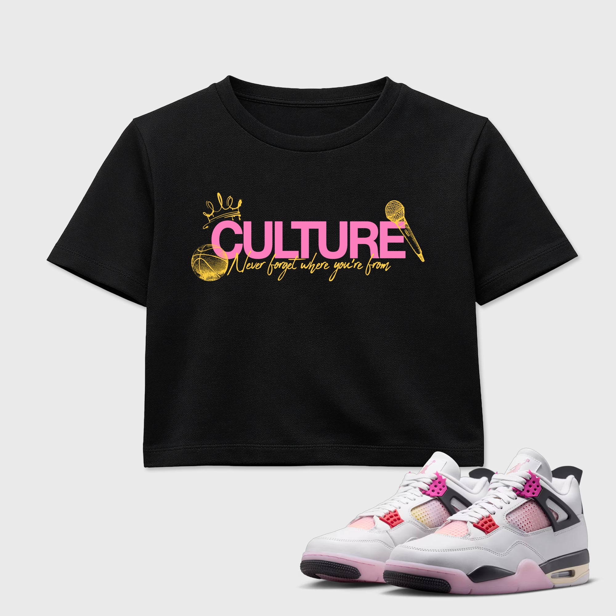 Culture women’s crop tee designed to match the Air Jordan 4 Comic, featuring coordinated Black 1 options for a perfect streetwear vibe.