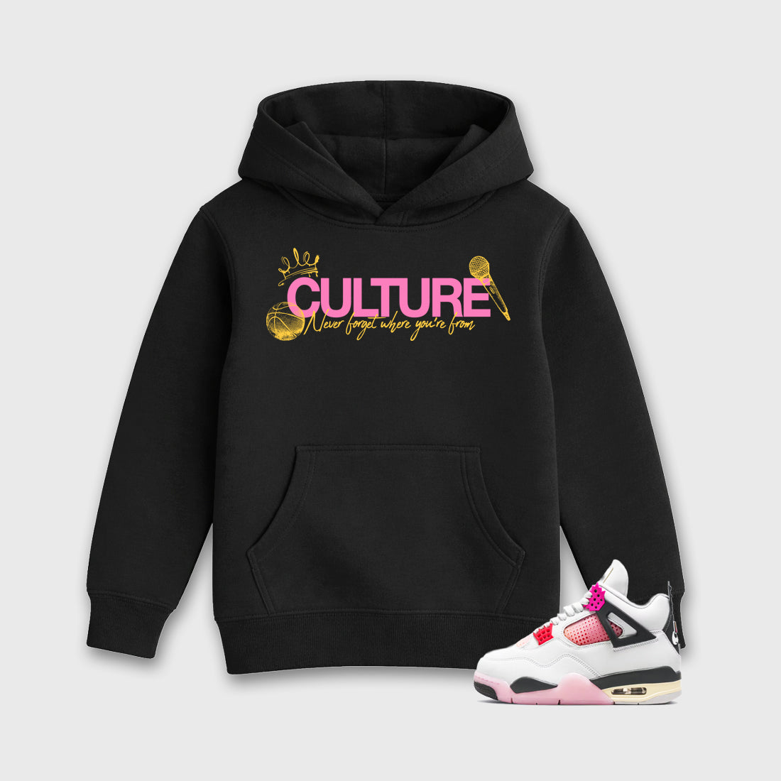 Culture Baby & Kids Graphic Hoodie featuring original artwork designed to match the Air Jordan 4 Comic. Black 1 Kids Graphic Sweater.