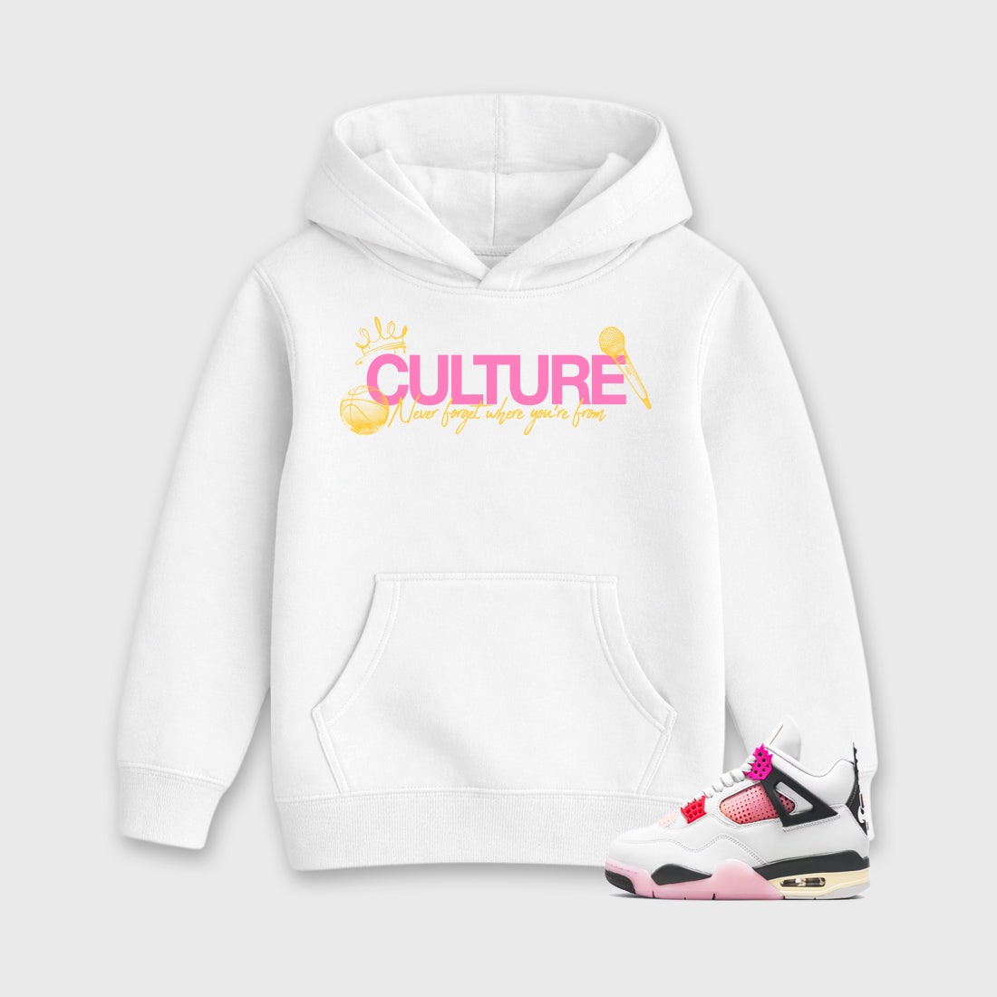Culture Baby & Kids Graphic Hoodie featuring original artwork designed to match the Air Jordan 4 Comic. White 1 Kids Graphic Sweater.