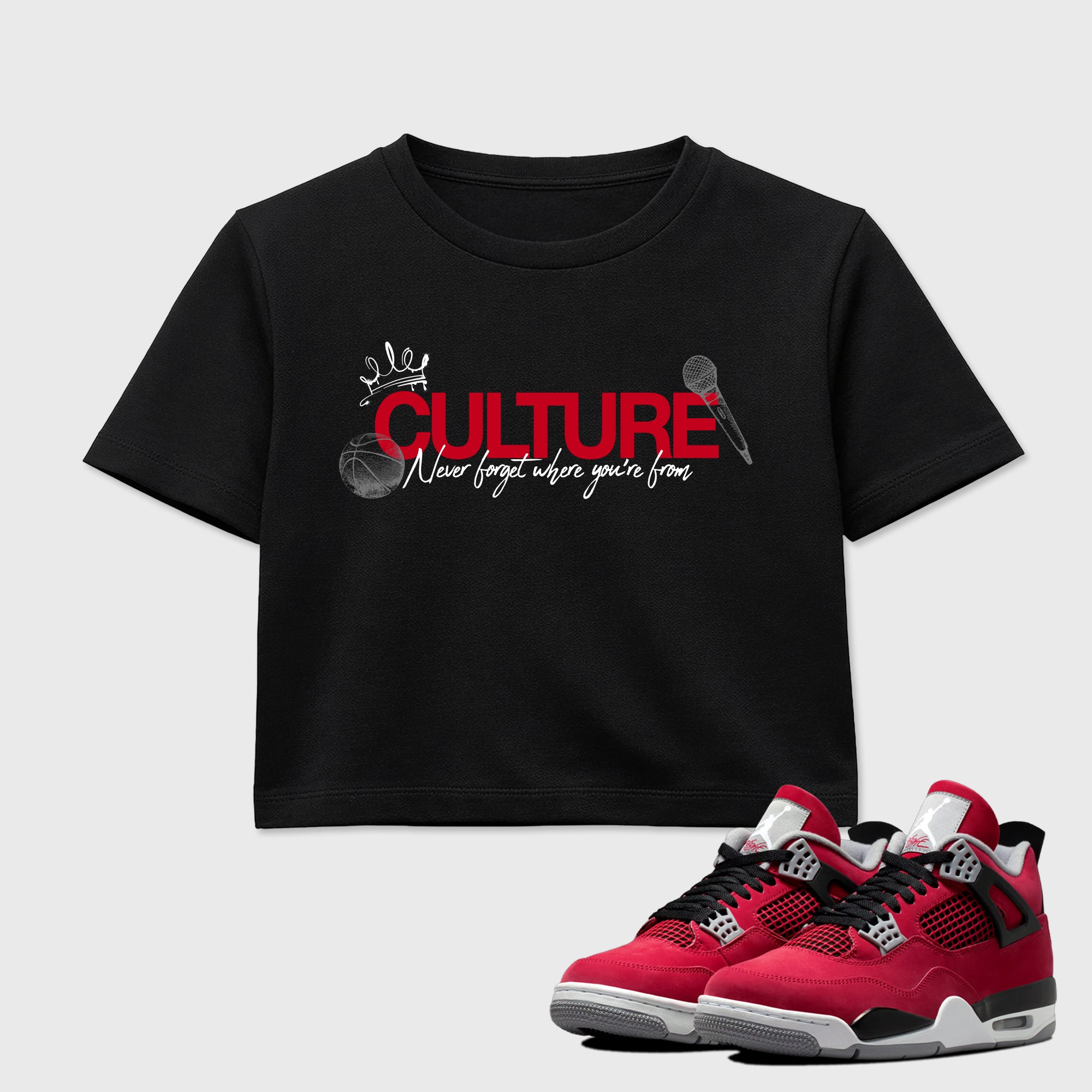 Culture women’s crop tee designed to match the Air Jordan 4 Toro Bravo, featuring coordinated Black 1 options for a perfect streetwear vibe.