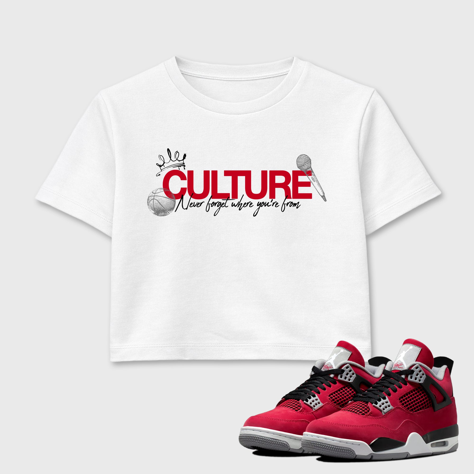 Culture women’s crop tee designed to match the Air Jordan 4 Toro Bravo, featuring coordinated White 1 options for a perfect streetwear vibe.