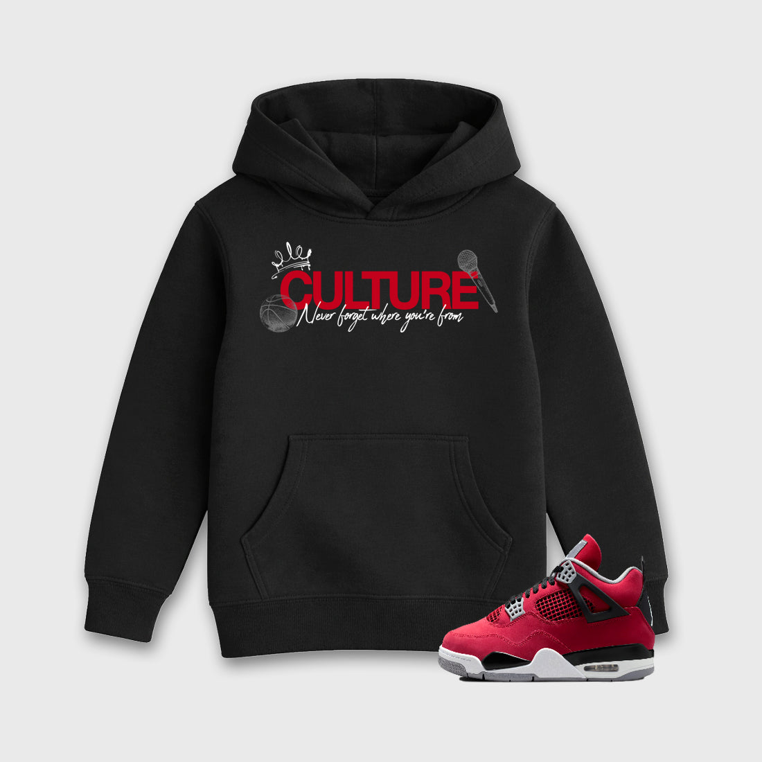 Culture affordable baby and kids t-shirt designed to match the Air Jordan 4 Toro Bravo, featuring coordinated Black 1 options for the perfect little sneakerhead streetwear look.