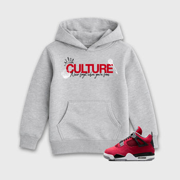 Culture affordable baby and kids t-shirt designed to match the Air Jordan 4 Toro Bravo, featuring coordinated Heather Grey 1 options for the perfect little sneakerhead streetwear look.
