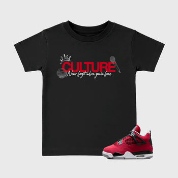 Culture affordable baby and kids t-shirt designed to match the Air Jordan 4 Toro Bravo, featuring coordinated Black 1 options for the perfect little sneakerhead streetwear look.