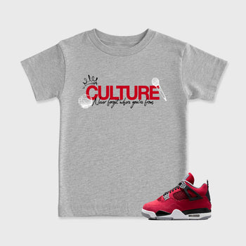 Culture affordable baby and kids t-shirt designed to match the Air Jordan 4 Toro Bravo, featuring coordinated Heather Grey 1 options for the perfect little sneakerhead streetwear look.