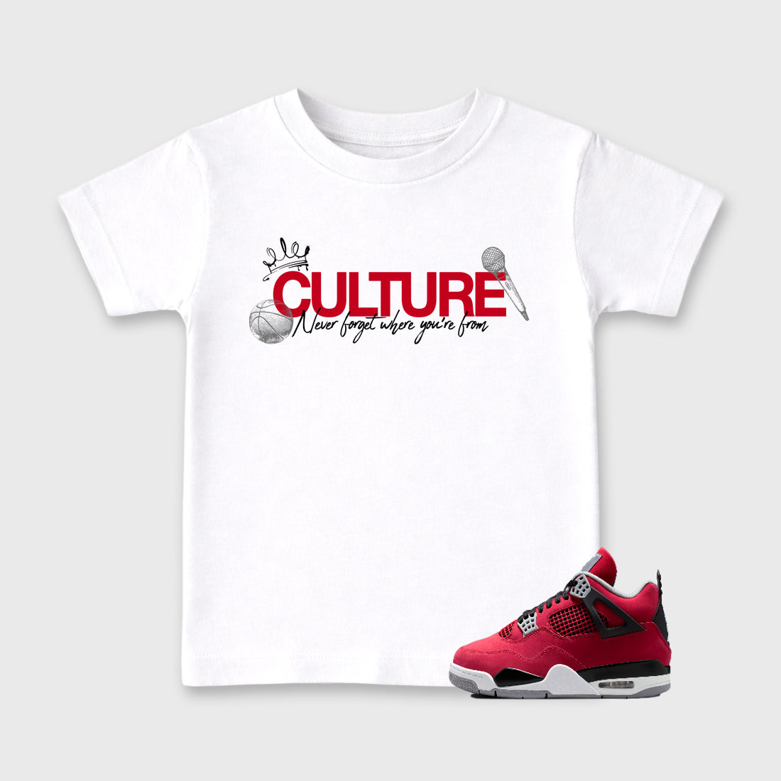 Culture affordable baby and kids t-shirt designed to match the Air Jordan 4 Toro Bravo, featuring coordinated White 1 options for the perfect little sneakerhead streetwear look.