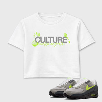 Sneaker match tees – Sneaker Tees To Match Air Max 90 Neon Yellow Shoes – Culture Crop T-Shirt White 1