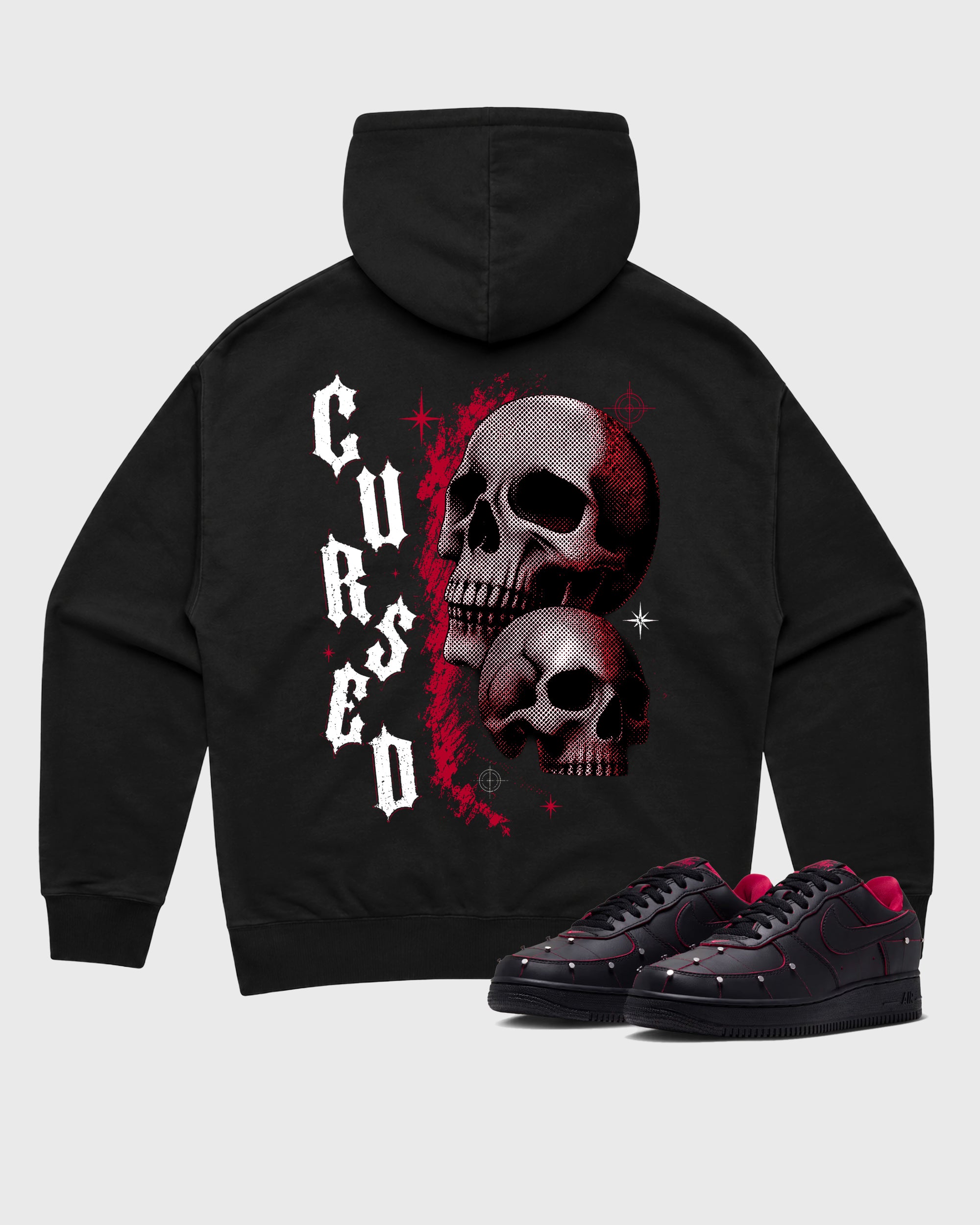 Cursed Skull Black Graphic Hoodie - 1, a sneaker matching hoodie designed to pair with Air Force 1 "Nightmare" Black and Gym Redsneakers for a coordinated sneaker outfit.