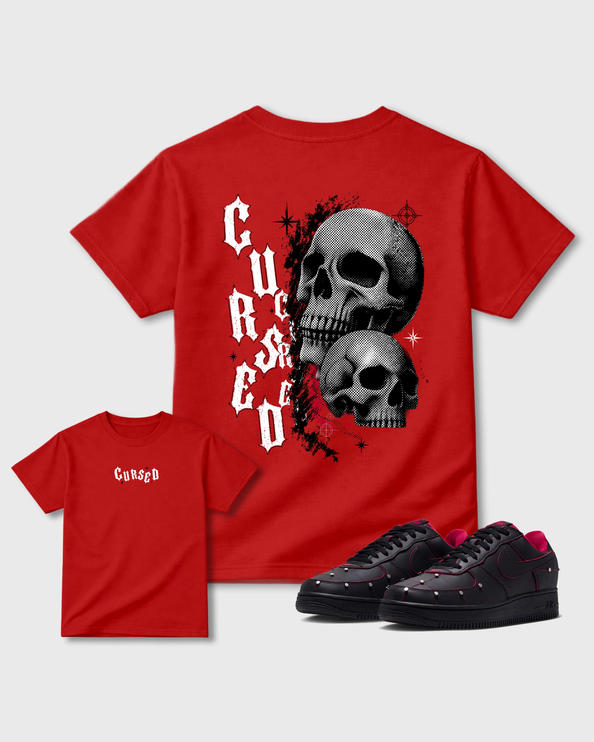 Cursed Skull Red Graphic T-Shirt - 1, sneaker matching tee designed to match Air Force 1 "Nightmare" Black and Gym Redsneakers for a coordinated sneaker outfit.