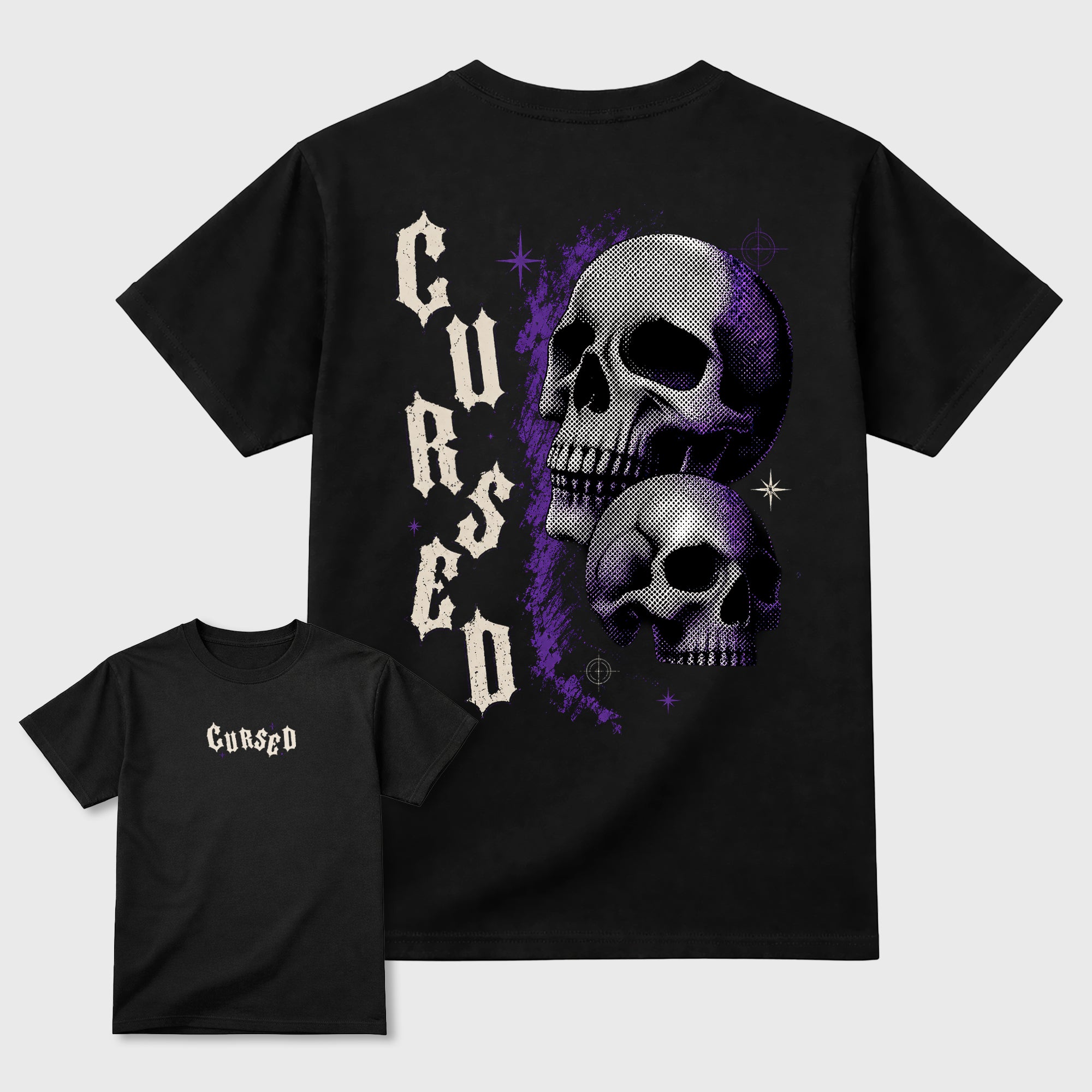 Cursed Skull Graphic T-Shirt featuring spooky streetwear artwork for Halloween outfits and fall season style. a sneaker matching shirt for a coordinated sneaker outfit.