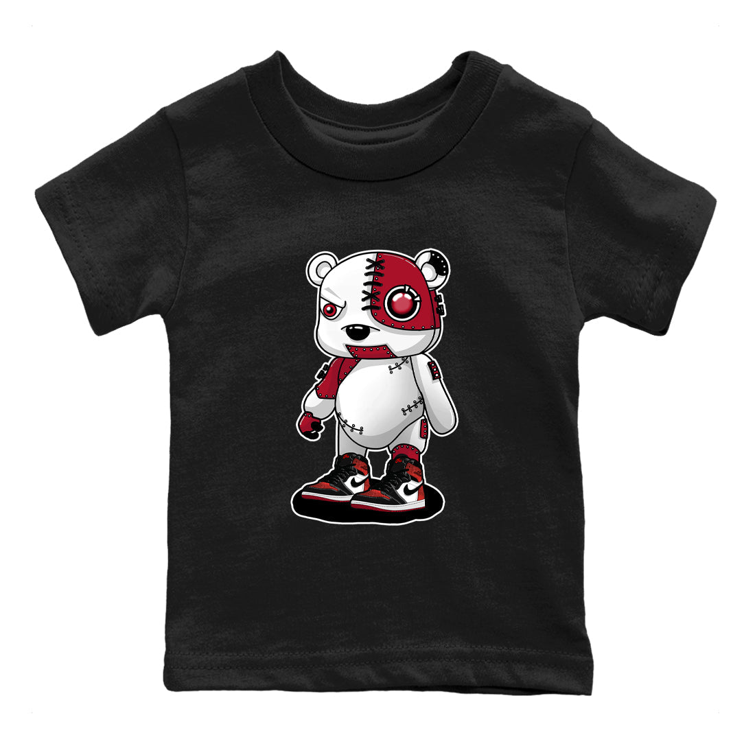 Cyborg Bear baby and kids t-shirt crafted for little sneakerheads to shine with the Air Jordan 1 Ruby sneakers, displayed in Black 2.