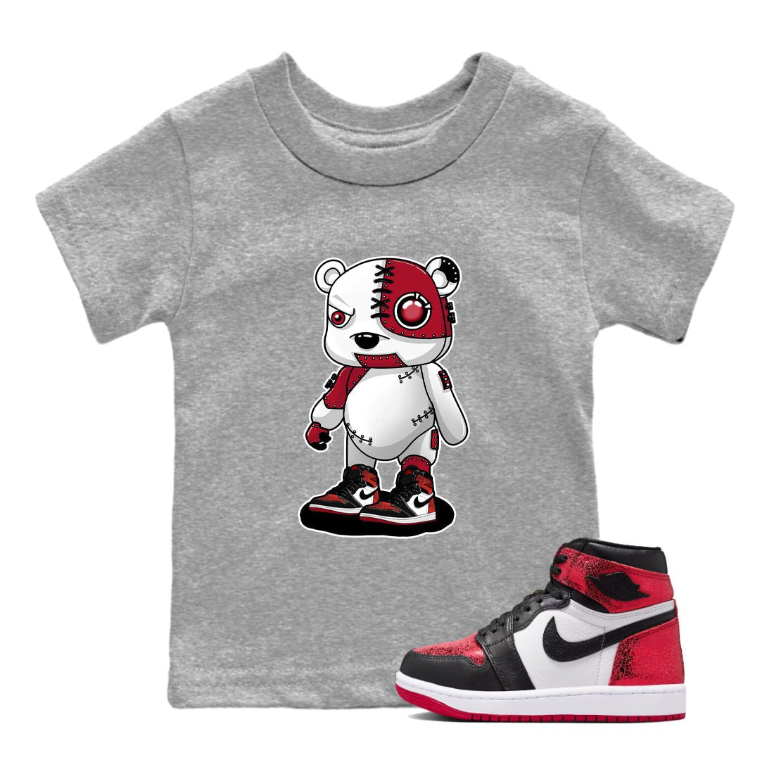 Cyborg Bear baby and kids t-shirt crafted for little sneakerheads to shine with the Air Jordan 1 Ruby sneakers, displayed in Heather Grey 1.