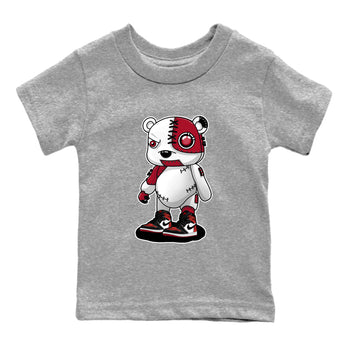 Cyborg Bear baby and kids t-shirt crafted for little sneakerheads to shine with the Air Jordan 1 Ruby sneakers, displayed in Heather Grey 2.