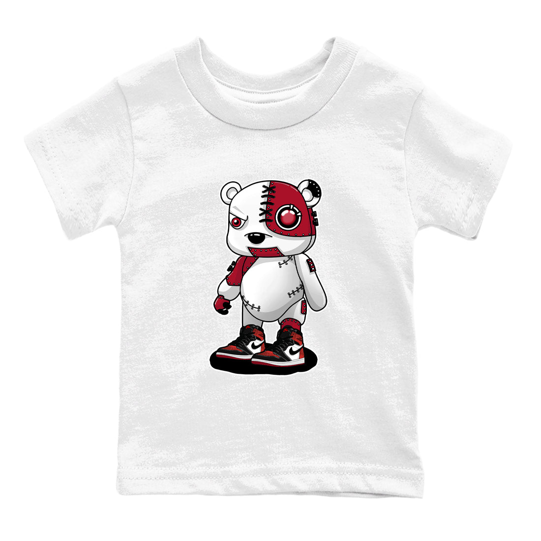 Cyborg Bear baby and kids t-shirt crafted for little sneakerheads to shine with the Air Jordan 1 Ruby sneakers, displayed in White 2.