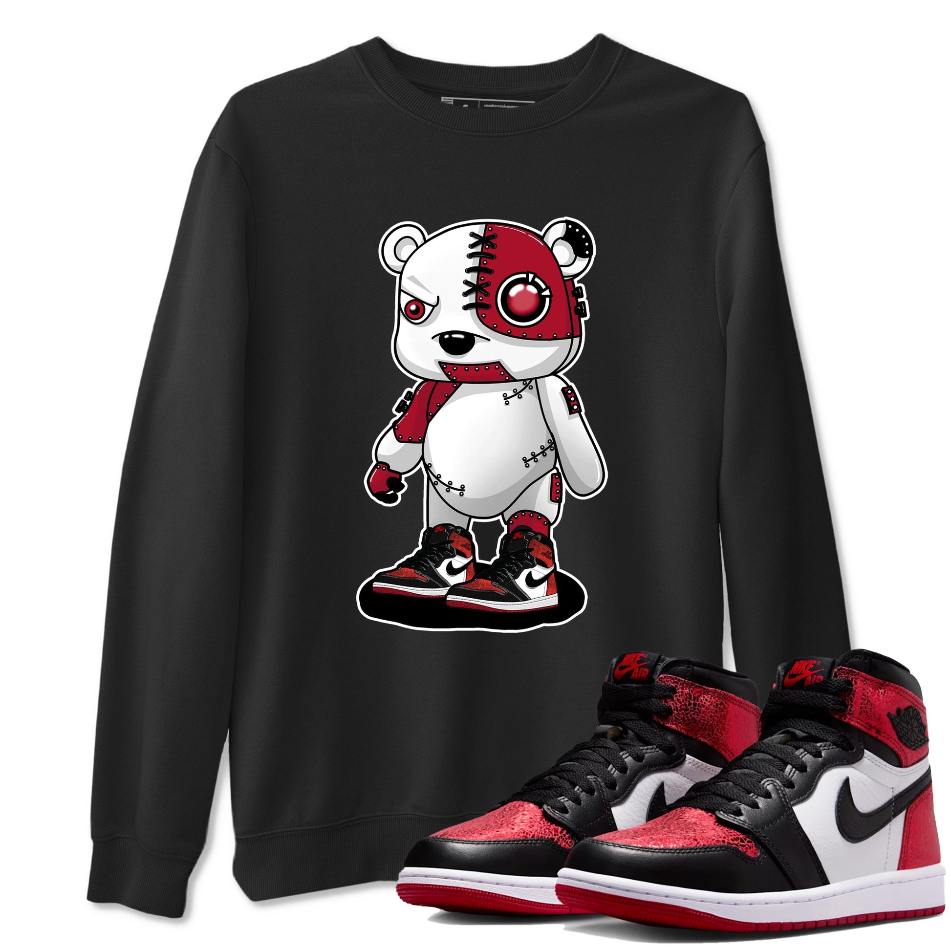 Cyborg Bear sneaker match t-shirt styled to complete your fit with the Air Jordan 1 Ruby sneakers, shown in Black 1.