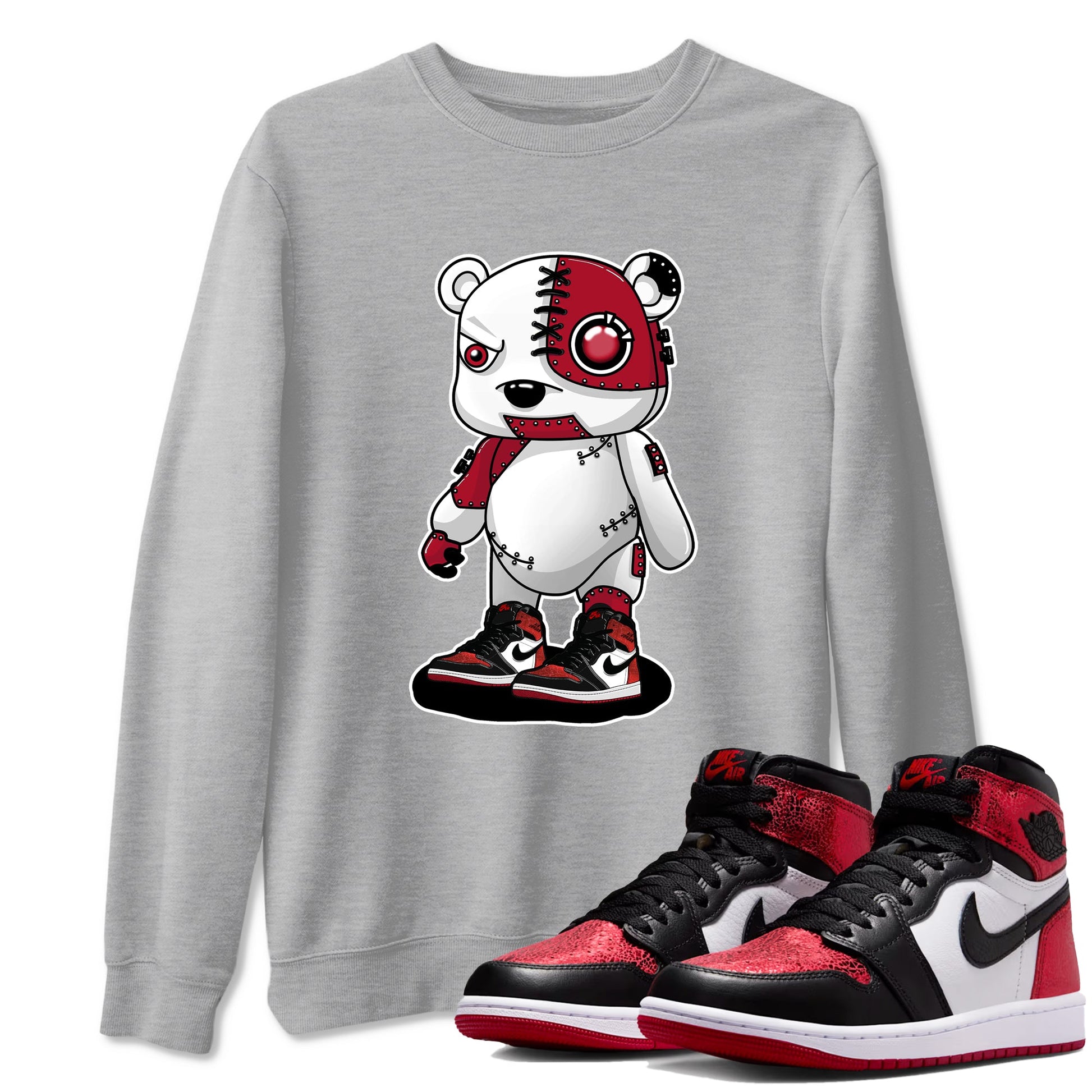 Cyborg Bear sneaker match t-shirt styled to complete your fit with the Air Jordan 1 Ruby sneakers, shown in Heather Grey 1.