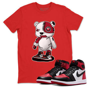 Cyborg Bear sneaker match t-shirt styled to complete your fit with the Air Jordan 1 Ruby sneakers, shown in Red 1.