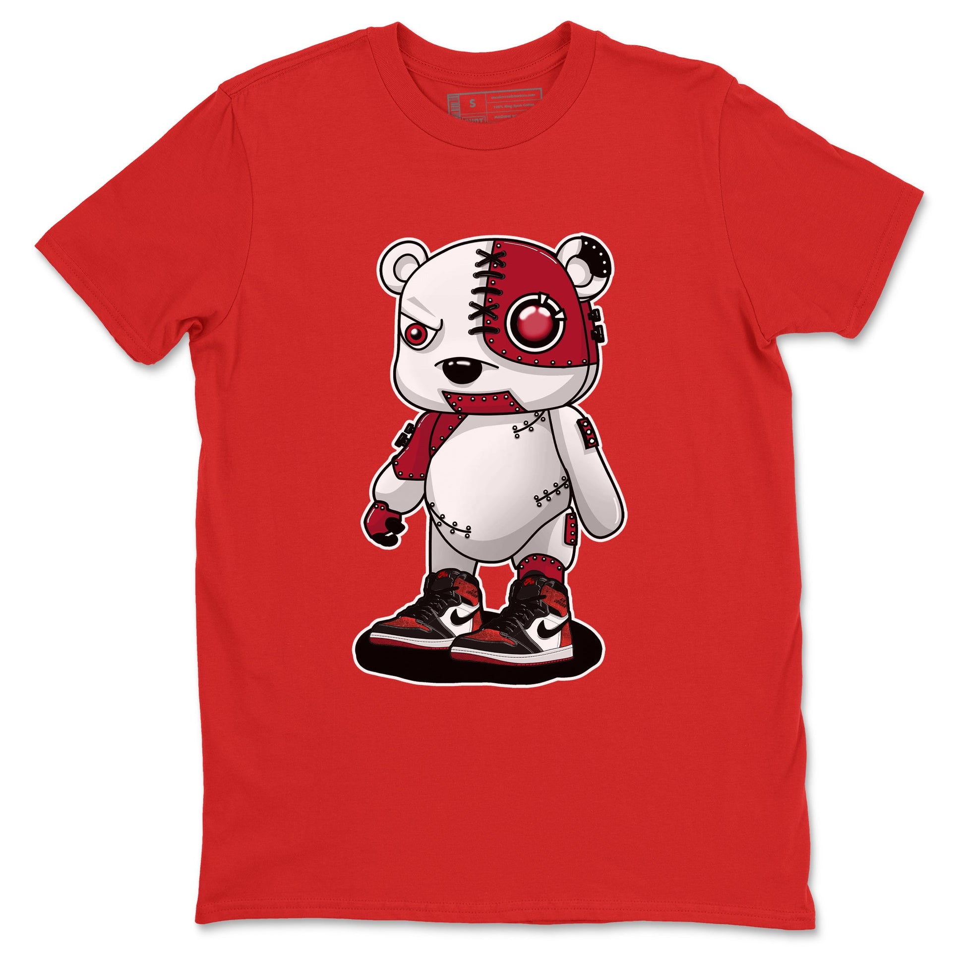 Cyborg Bear sneaker match t-shirt styled to complete your fit with the Air Jordan 1 Ruby sneakers, shown in Red 2.