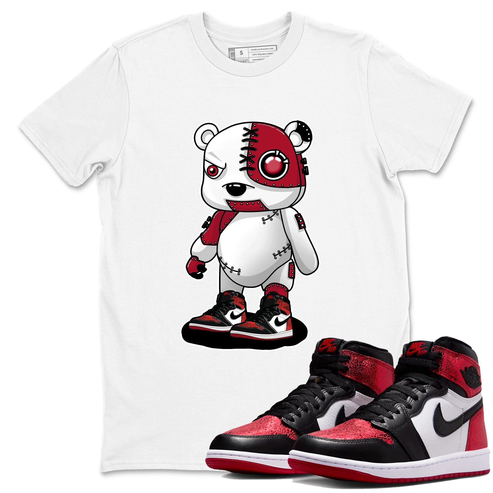 Cyborg Bear sneaker match t-shirt styled to complete your fit with the Air Jordan 1 Ruby sneakers, shown in White 1.