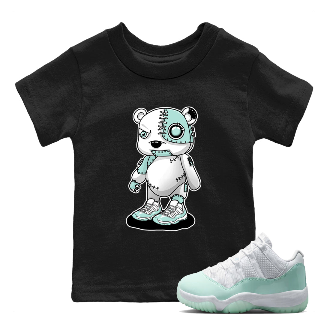 Cyborg Bear baby and kids t-shirt crafted for little sneakerheads to shine with the Air Jordan 11 Igloo sneakers, displayed in Black 1.