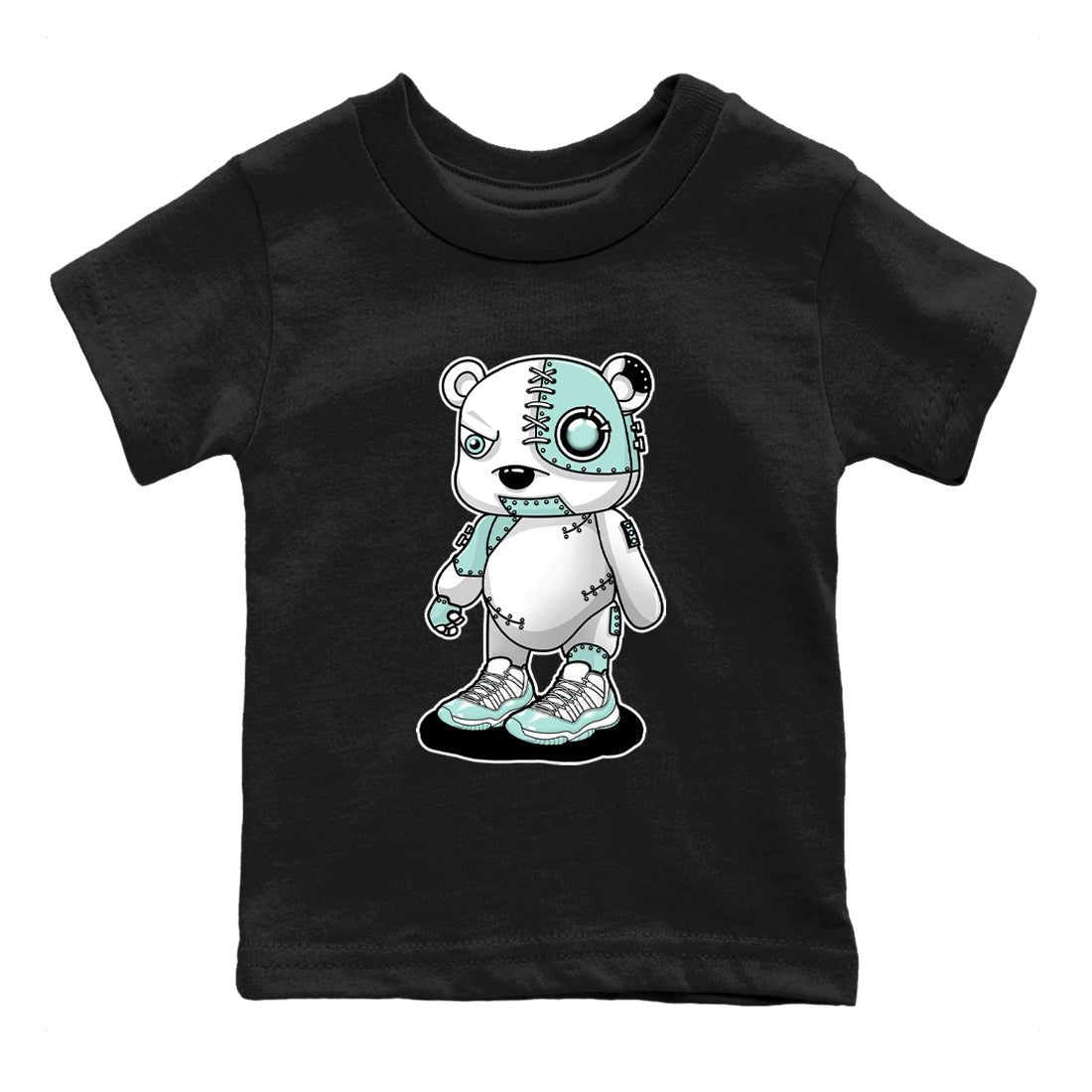 Cyborg Bear baby and kids t-shirt crafted for little sneakerheads to shine with the Air Jordan 11 Igloo sneakers, displayed in Black 2.