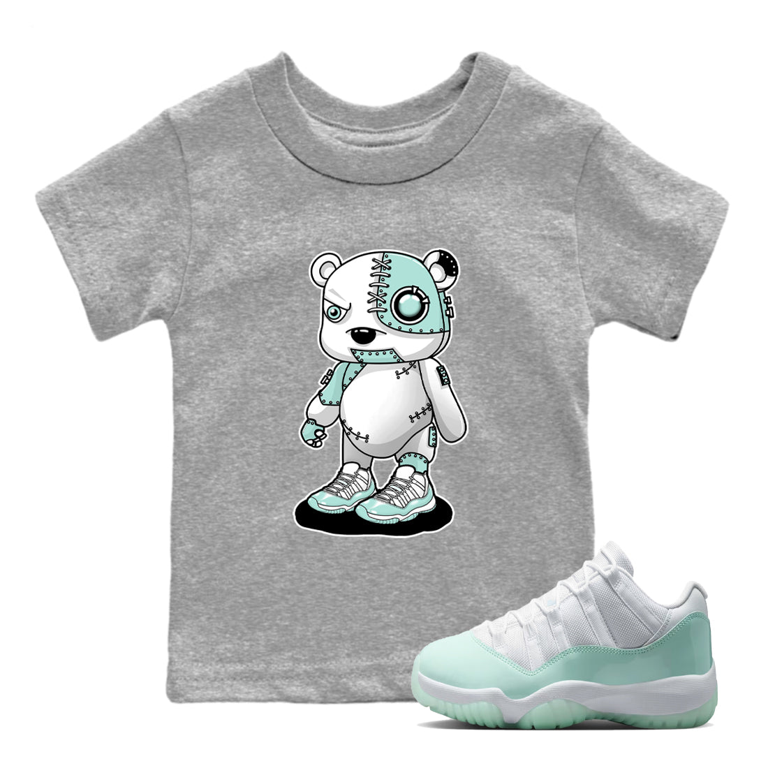 Cyborg Bear baby and kids t-shirt crafted for little sneakerheads to shine with the Air Jordan 11 Igloo sneakers, displayed in Heather Grey 1.