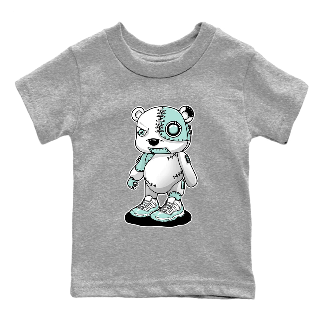 Cyborg Bear baby and kids t-shirt crafted for little sneakerheads to shine with the Air Jordan 11 Igloo sneakers, displayed in Heather Grey 2.
