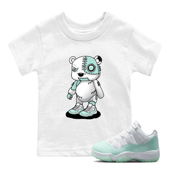 Cyborg Bear baby and kids t-shirt crafted for little sneakerheads to shine with the Air Jordan 11 Igloo sneakers, displayed in White 1.