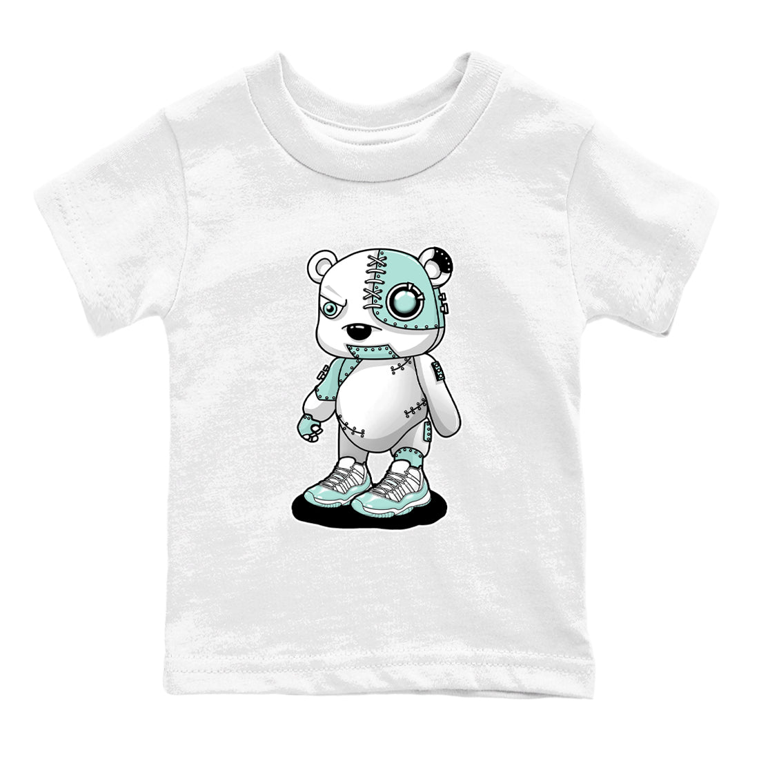 Cyborg Bear baby and kids t-shirt crafted for little sneakerheads to shine with the Air Jordan 11 Igloo sneakers, displayed in White 2.