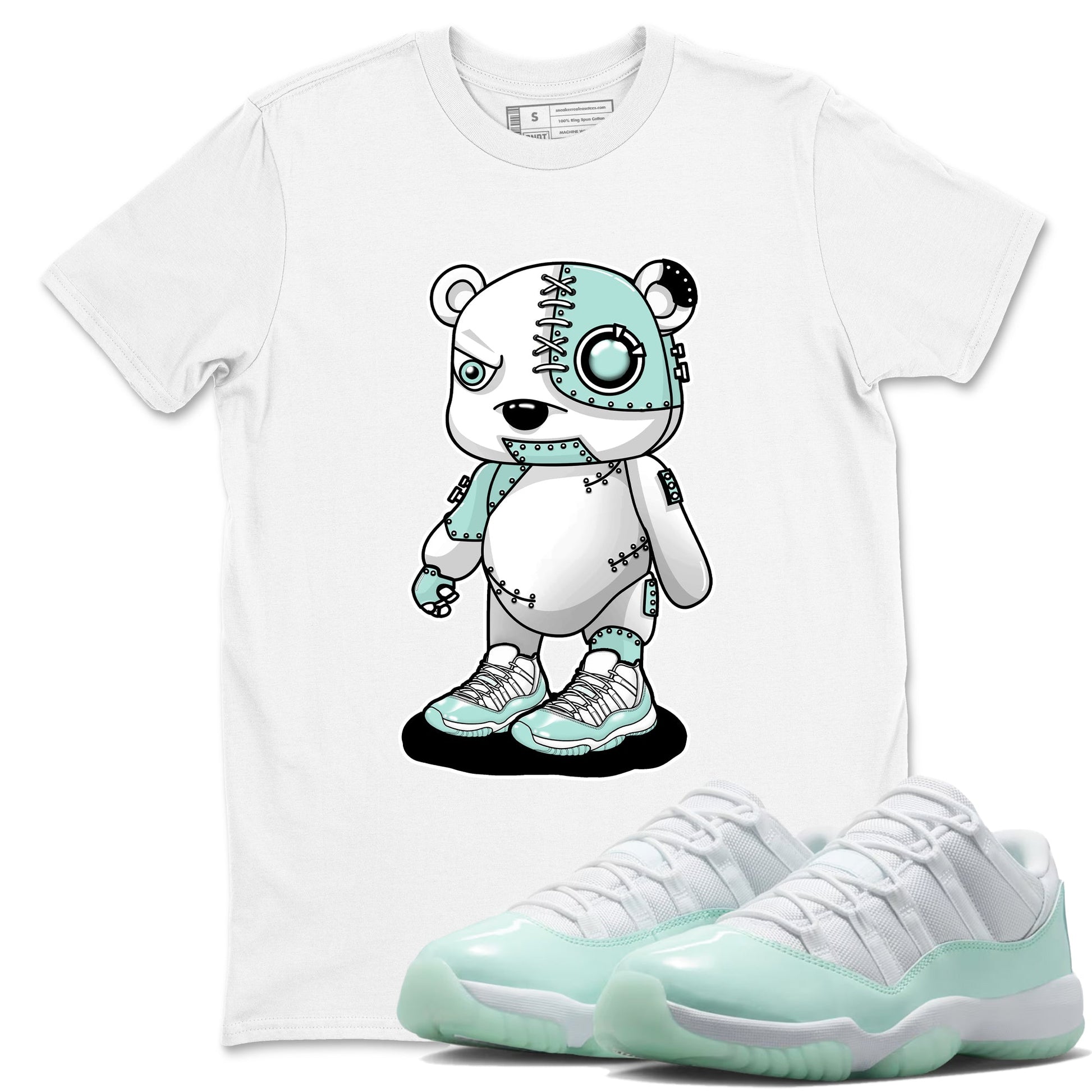 Cyborg Bear sneaker match t-shirt styled to complete your fit with the Air Jordan 11 Igloo sneakers, shown in White 1.