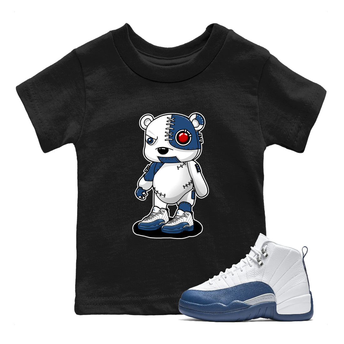 Cyborg Bear baby and kids t-shirt crafted for little sneakerheads to shine with the Air Jordan 12 French Blue sneakers, displayed in Black 1.