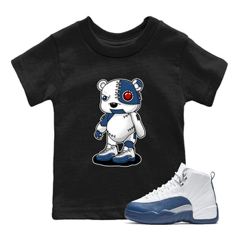 Cyborg Bear baby and kids t-shirt crafted for little sneakerheads to shine with the Air Jordan 12 French Blue sneakers, displayed in Black 1.