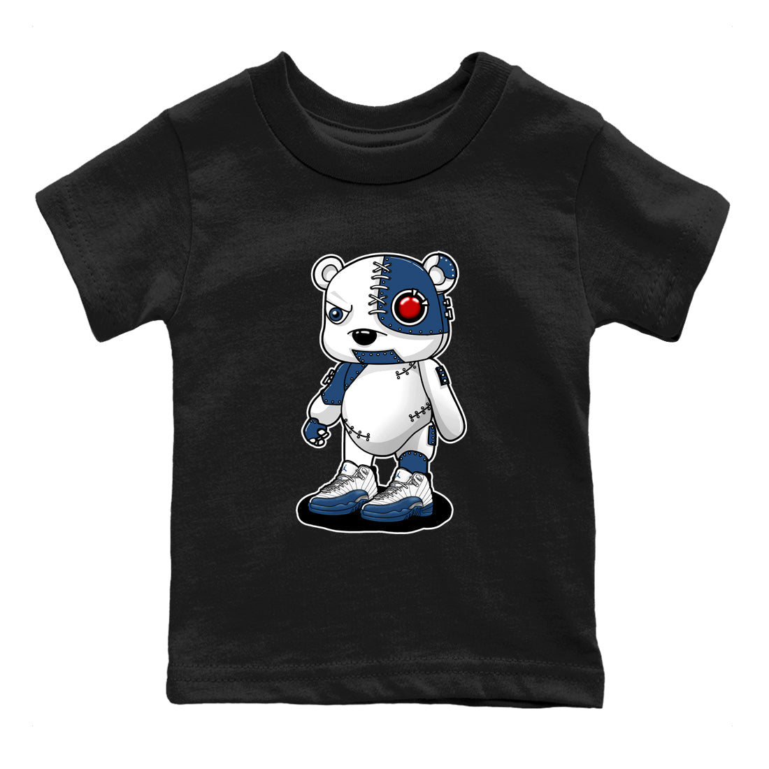 Cyborg Bear baby and kids t-shirt crafted for little sneakerheads to shine with the Air Jordan 12 French Blue sneakers, displayed in Black 2.