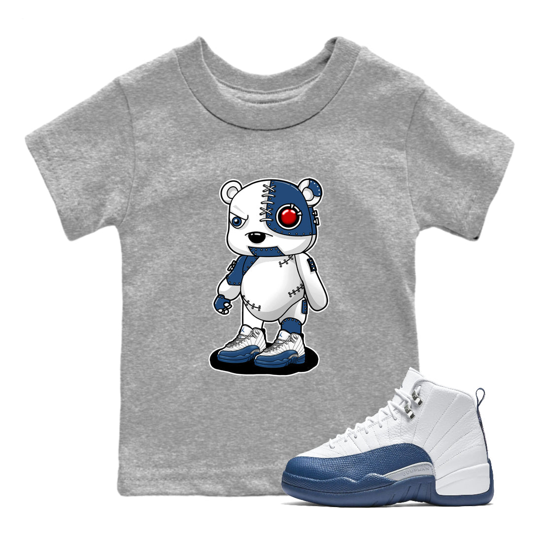 Cyborg Bear baby and kids t-shirt crafted for little sneakerheads to shine with the Air Jordan 12 French Blue sneakers, displayed in Heather Grey 1.