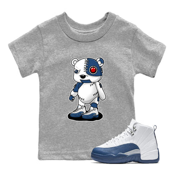 Cyborg Bear baby and kids t-shirt crafted for little sneakerheads to shine with the Air Jordan 12 French Blue sneakers, displayed in Heather Grey 1.