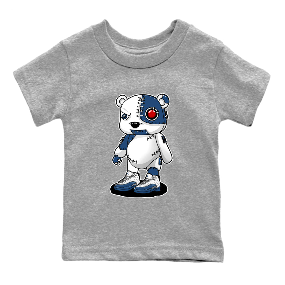 Cyborg Bear baby and kids t-shirt crafted for little sneakerheads to shine with the Air Jordan 12 French Blue sneakers, displayed in Heather Grey 2.