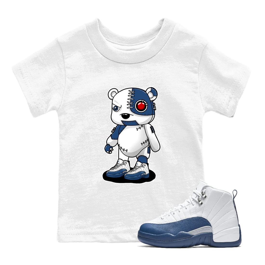 Cyborg Bear baby and kids t-shirt crafted for little sneakerheads to shine with the Air Jordan 12 French Blue sneakers, displayed in White 1.