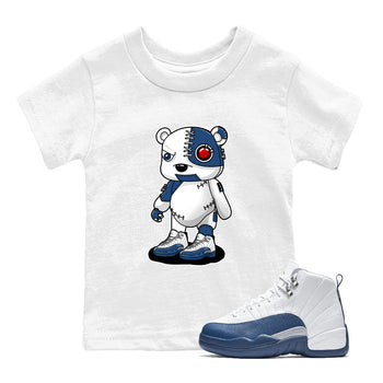 Cyborg Bear baby and kids t-shirt crafted for little sneakerheads to shine with the Air Jordan 12 French Blue sneakers, displayed in White 1.