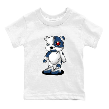 Cyborg Bear baby and kids t-shirt crafted for little sneakerheads to shine with the Air Jordan 12 French Blue sneakers, displayed in White 2.
