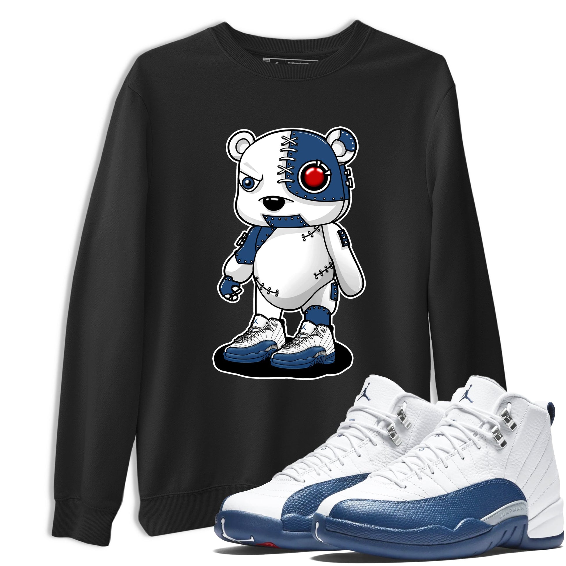 Cyborg Bear sneaker match t-shirt styled to complete your fit with the Air Jordan 12 French Blue sneakers, shown in Black 1.
