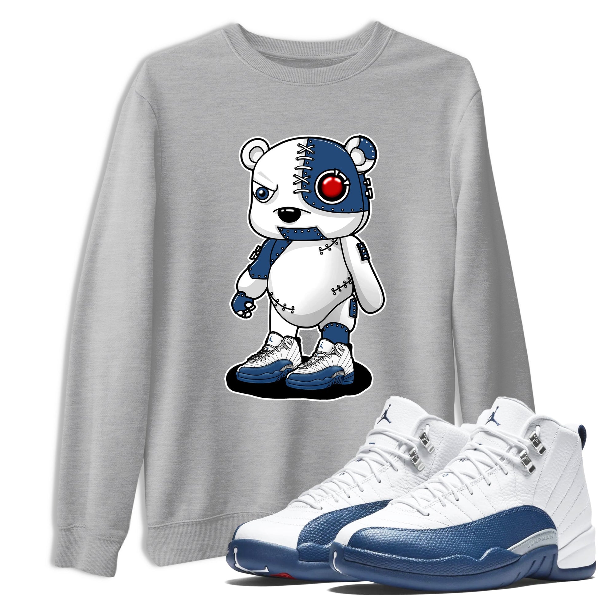 Cyborg Bear sneaker match t-shirt styled to complete your fit with the Air Jordan 12 French Blue sneakers, shown in Heather Grey 1.