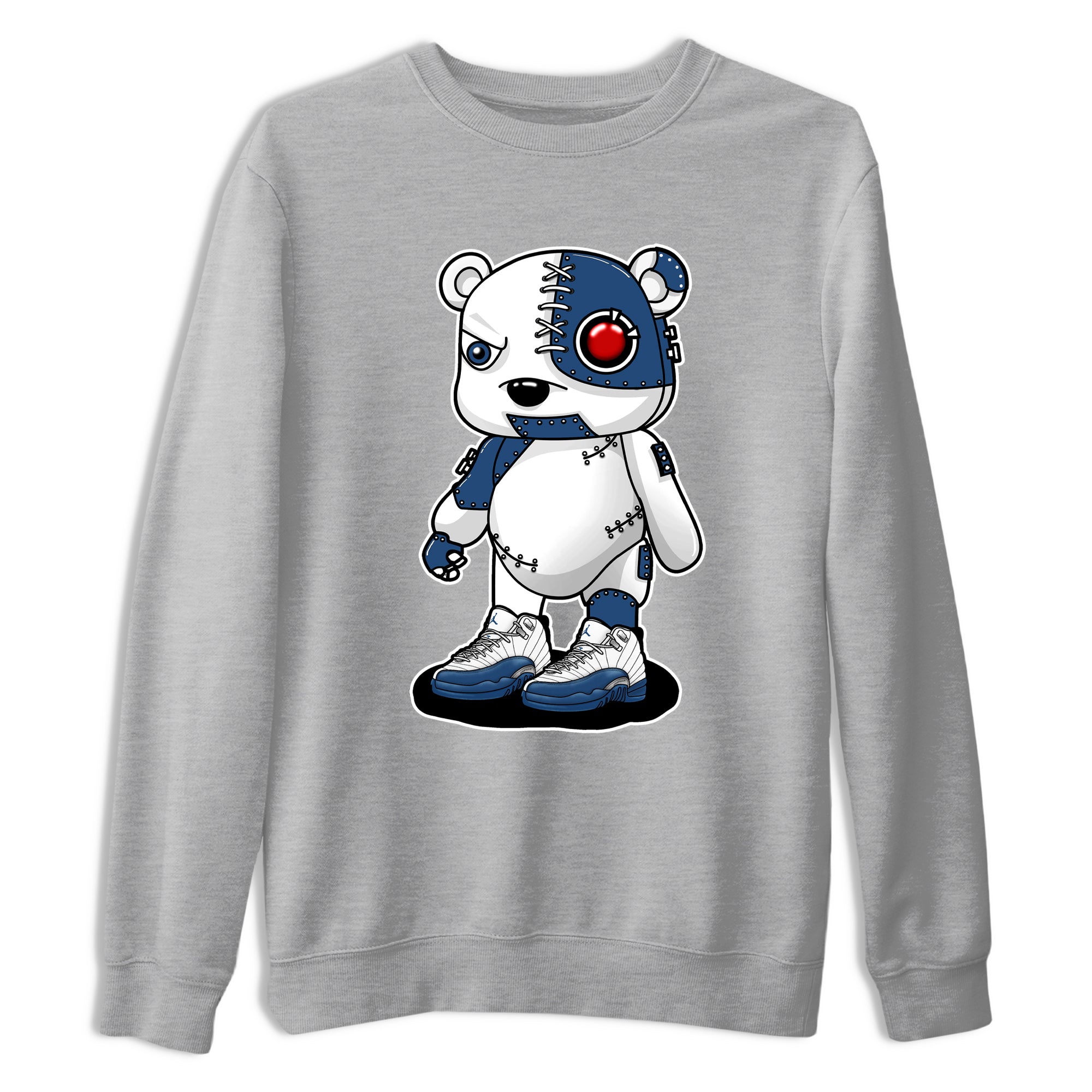 Cyborg Bear sneaker match t-shirt styled to complete your fit with the Air Jordan 12 French Blue sneakers, shown in Heather Grey 2.