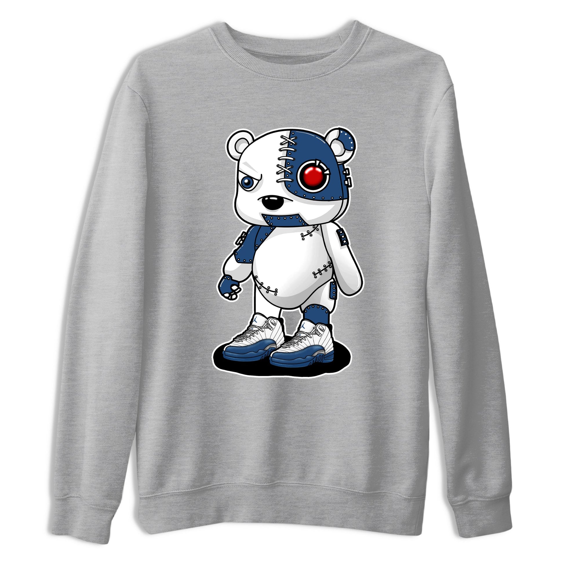 Cyborg Bear sneaker match t-shirt styled to complete your fit with the Air Jordan 12 French Blue sneakers, shown in Heather Grey 2.