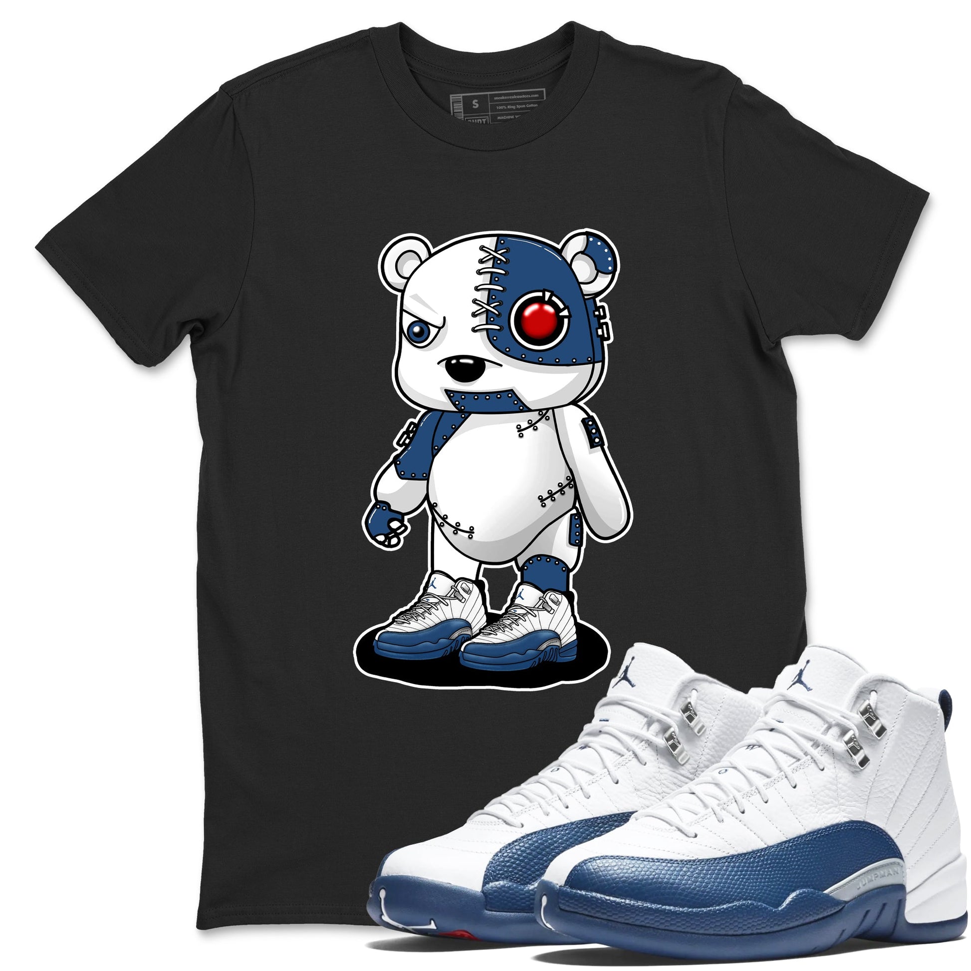 Cyborg Bear sneaker match t-shirt styled to complete your fit with the Air Jordan 12 French Blue sneakers, shown in Black 1.