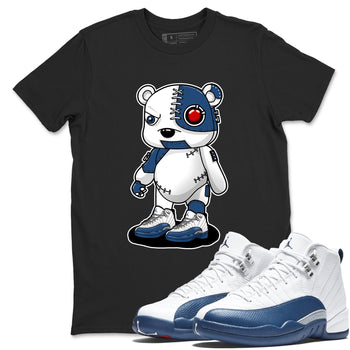 Cyborg Bear sneaker match t-shirt styled to complete your fit with the Air Jordan 12 French Blue sneakers, shown in Black 1.