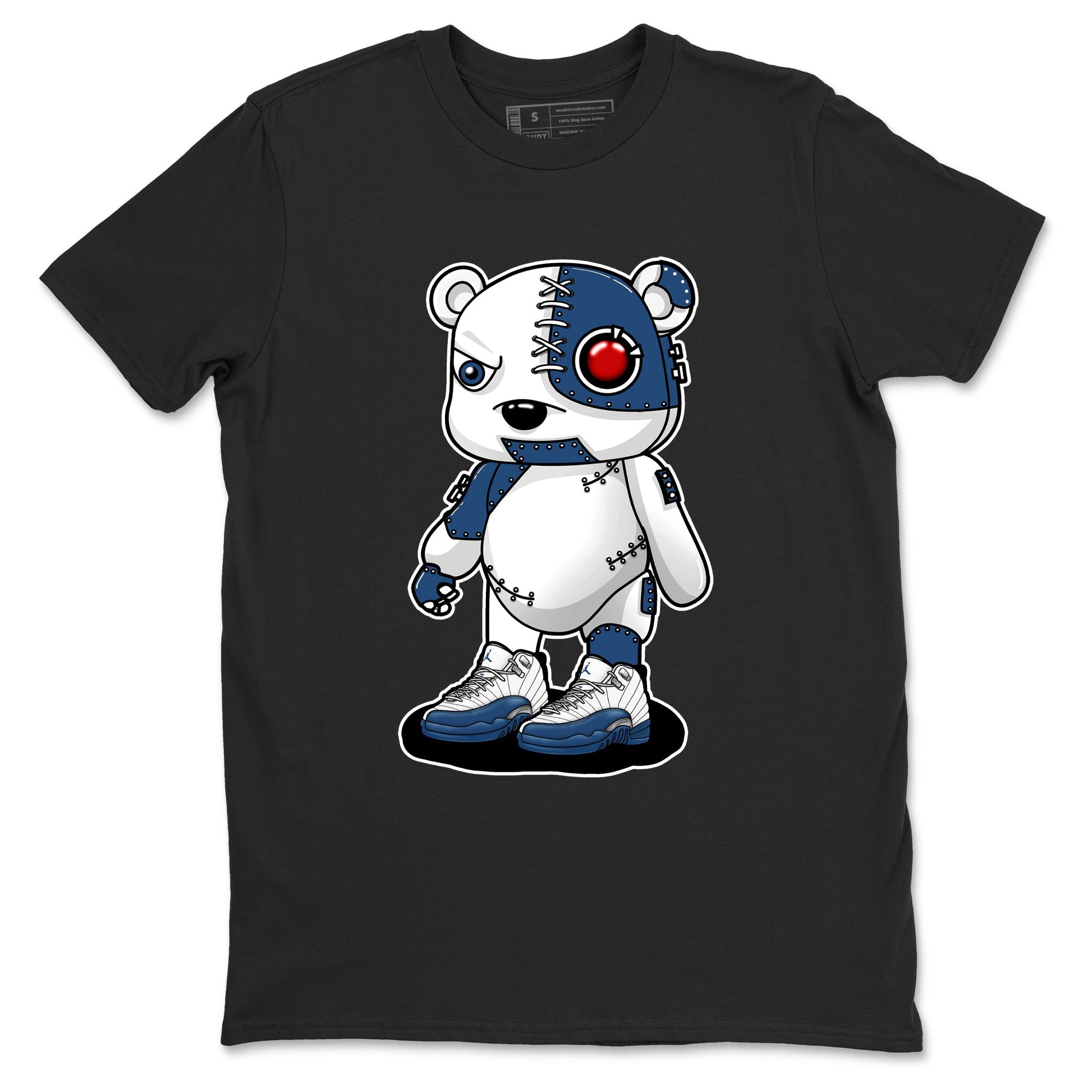 Cyborg Bear sneaker match t-shirt styled to complete your fit with the Air Jordan 12 French Blue sneakers, shown in Black 2.