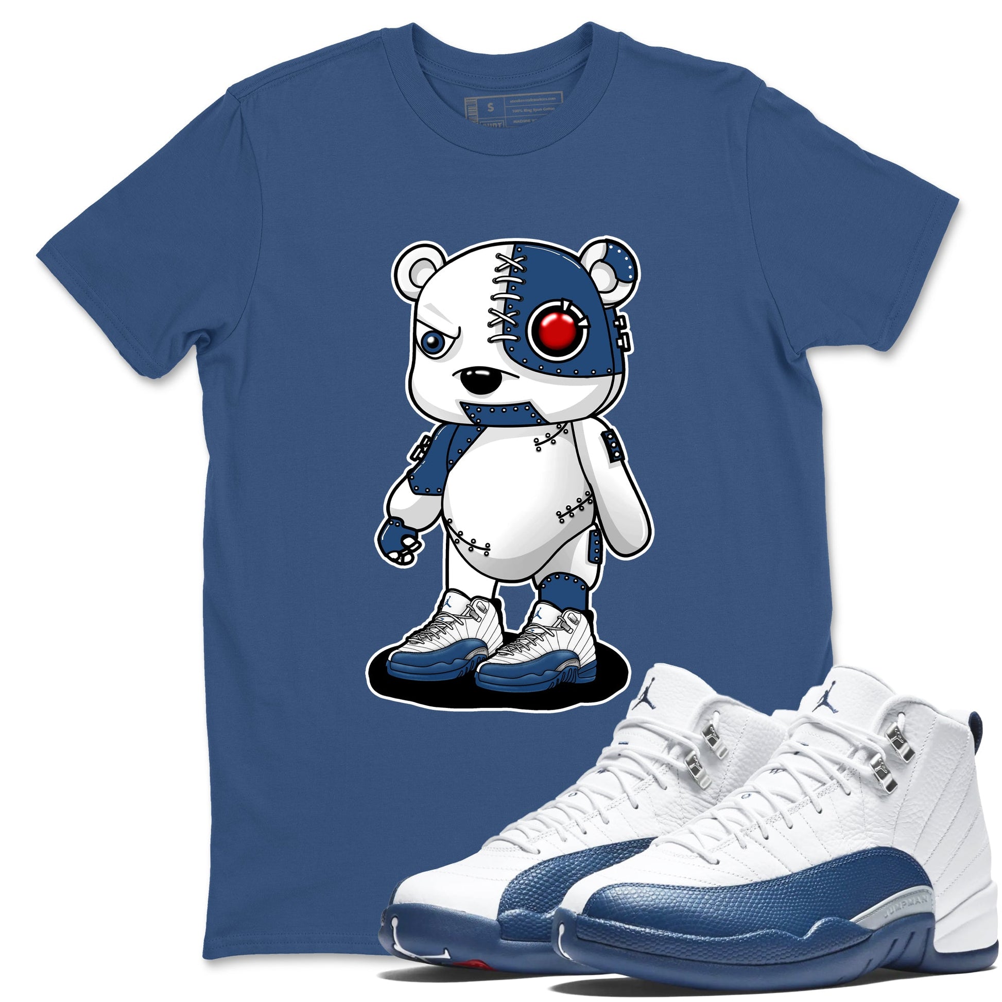 Cyborg Bear sneaker match t-shirt styled to complete your fit with the Air Jordan 12 French Blue sneakers, shown in Denim Blue 1.